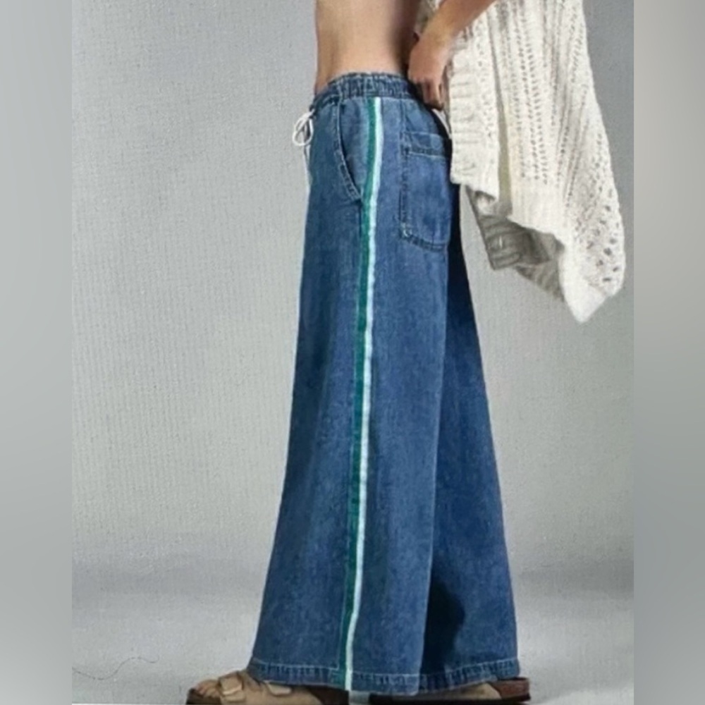 Anthropologie Pilcro Blue Wide-Leg Jeans with Green Stripe. Like new used once. - Picture 2 of 7